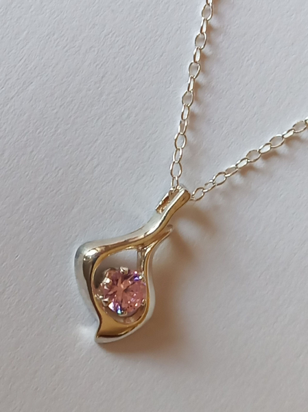 silver chain with pink zirconia pendant in free design-anchor chain 45 cm-